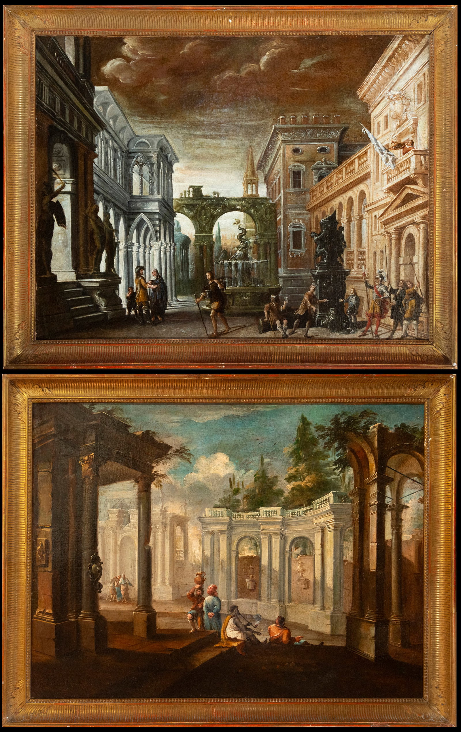 Pair of decorative architectural caprices with figures, Italian School, 18th Century (1 of 13)