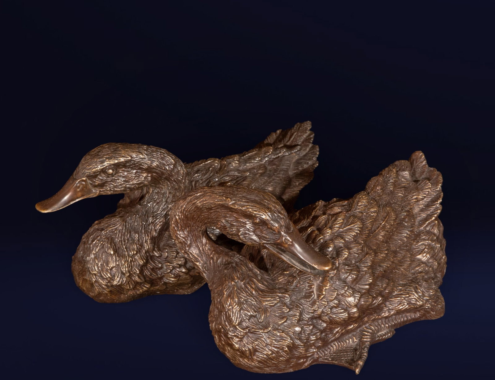 Pair of ducks, European School, 19th Century: Patinated bronze. Measures 21 x 18 x 30 cm. Animal group composed of two reclining ducks, rendered with great attention to the texture of their plumage and the natural curve of their necks, which inte