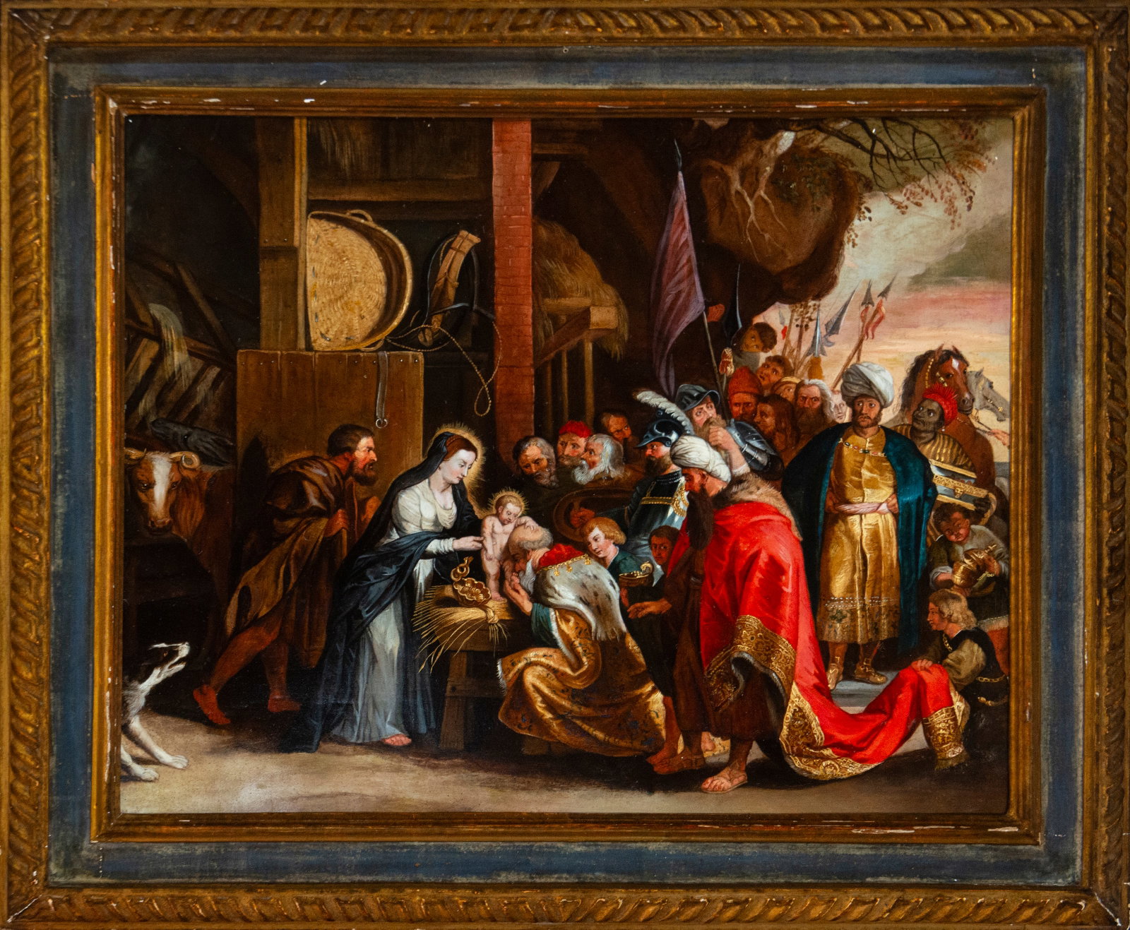 Adoration of the Magi, circle of Peter Paul Rubens, Flemish school, 17th century: Oil on copper. Dimensions 67 x 59 cm; framed 84 x 75 cm. This scene of the Adoration of the Magi is conceived with intense narrative focus within the stable, where the Virgin presents the Child lying 