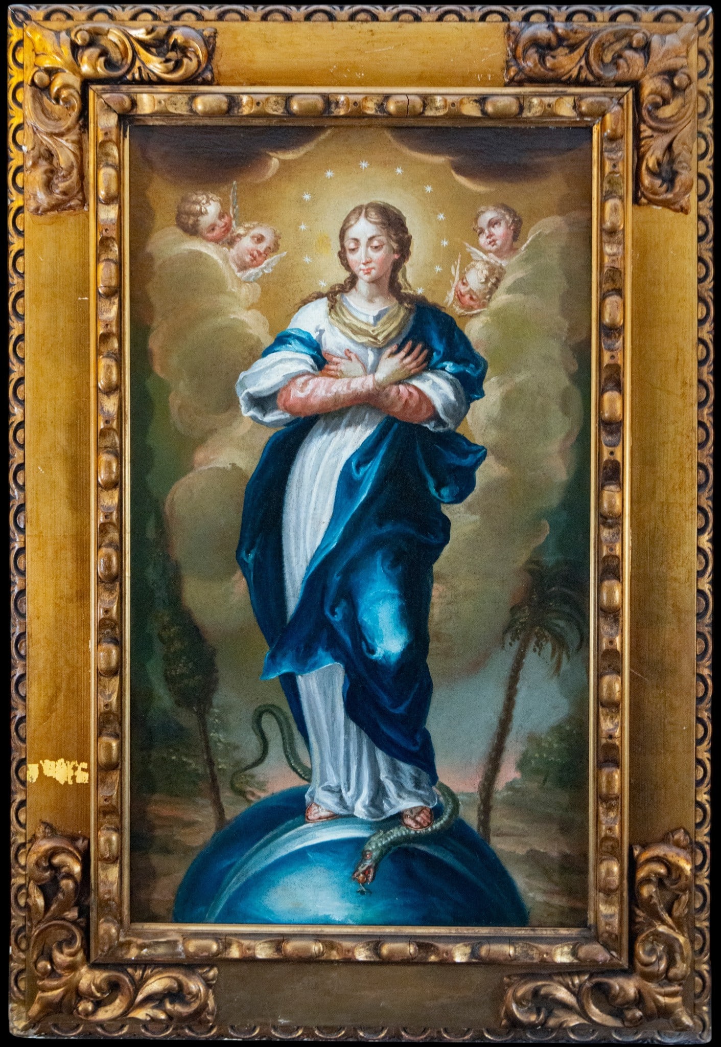 Immaculate Virgin, following models by Vicente Lopez Portana - 18th Century: Oil on canvas. Dimensions: 83 x 46 cm; 108 x 71 cm with frame. Depiction of the Immaculate Conception standing on the sphere and the serpent, surrounded by clouds and angels. The Marian figure, with i