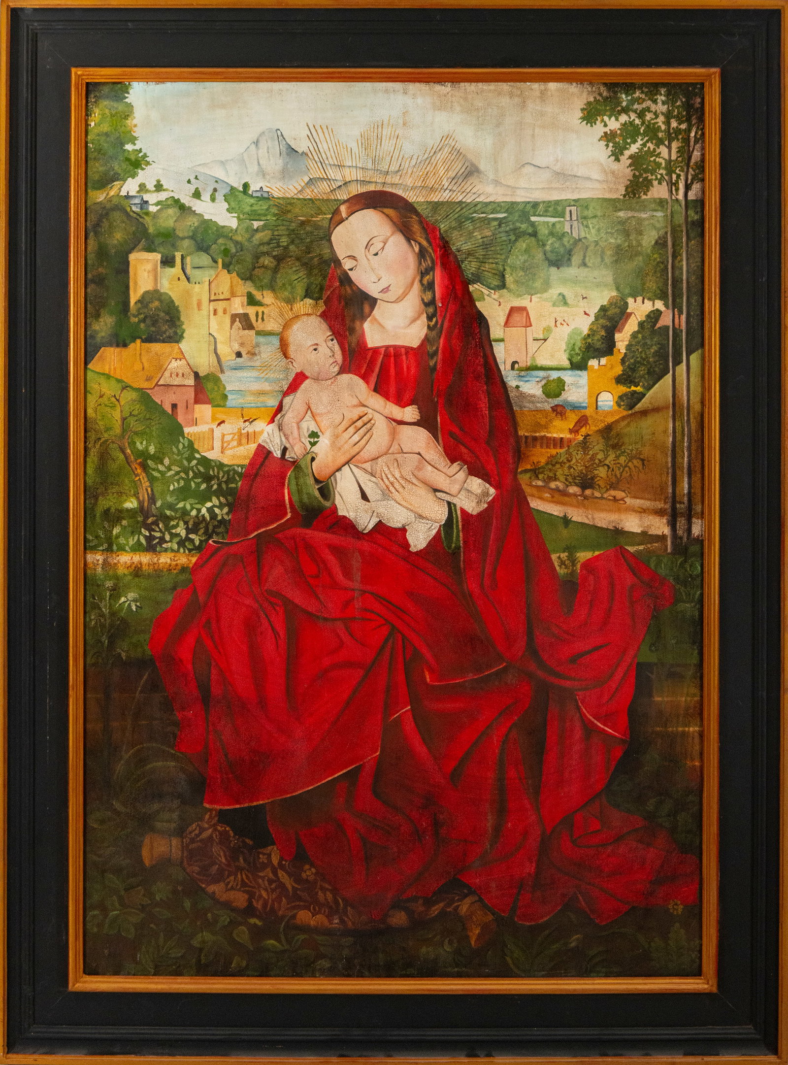 Virgin and Child, Flemish School, 19th Century: Oil on panel. Dimensions: 150 x 90 cm; 153 x 115 cm with frame. Image of the Virgin and Child against an idealized landscape, conceived with serene frontality, ample red drapery, and a pronounced devo