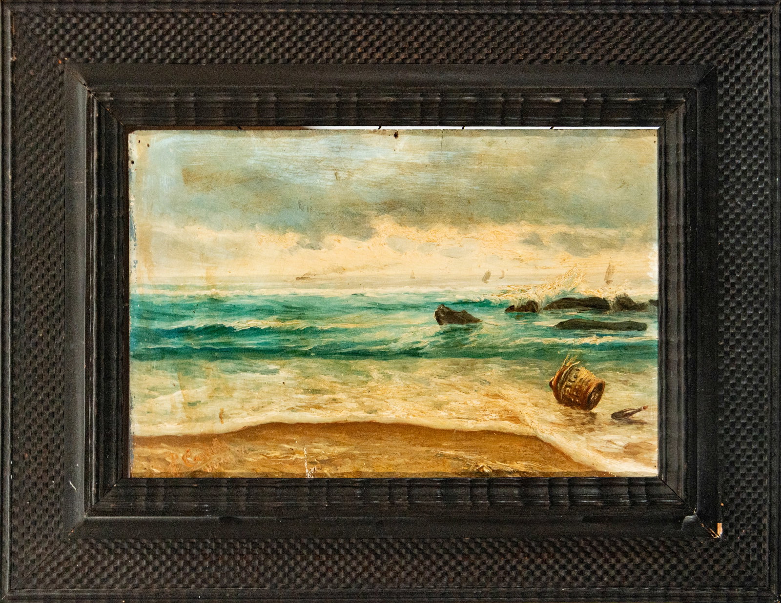 Seascape with waves, signed Castells, 19th century (1 of 5)