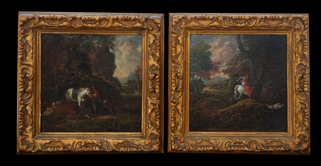 Pair of Mythological Scenes, Flemish school by David Teniers II, 17th century Dutch school: Pair of oil paintings on canvas, dimensions: 36 x 36 cm, framed dimensions: 50 x 50 cm, each.