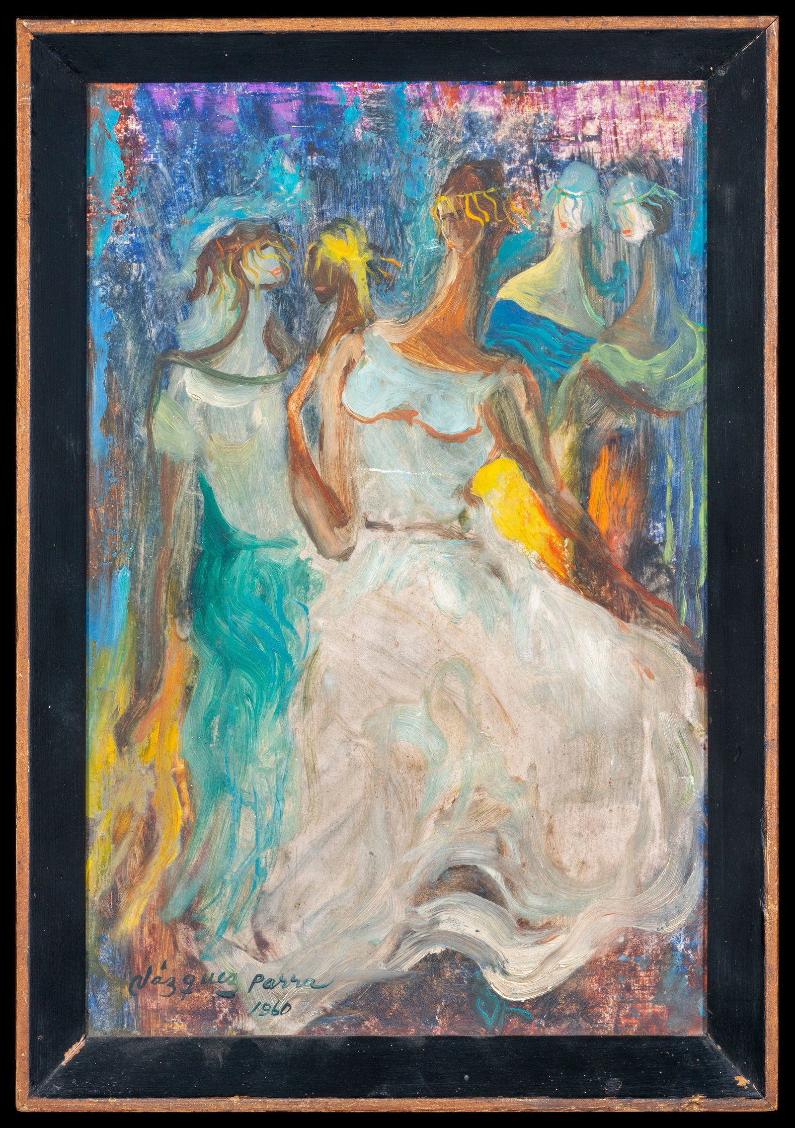The Dance, Vázquez Parra, 1960, oil on panel, Mexican surrealist school of the 20th century: Oil on panel, measurements: 33 x 23 cm. Provenance: property of a collector, Barcelona