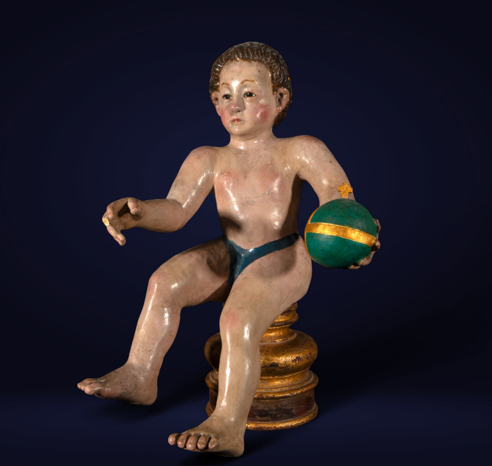New Spanish School of the 17th century - Child Jesus "Salvator Mundi", polychrome sculpture: Dimensions: 48 × 32 × 31 Polychrome sculpture. Child Jesus "Salvator Mundi", a 17th-century New Spain sculpture depicting the Child Jesus seated, holding the orb in his left hand, a symbol of his po
