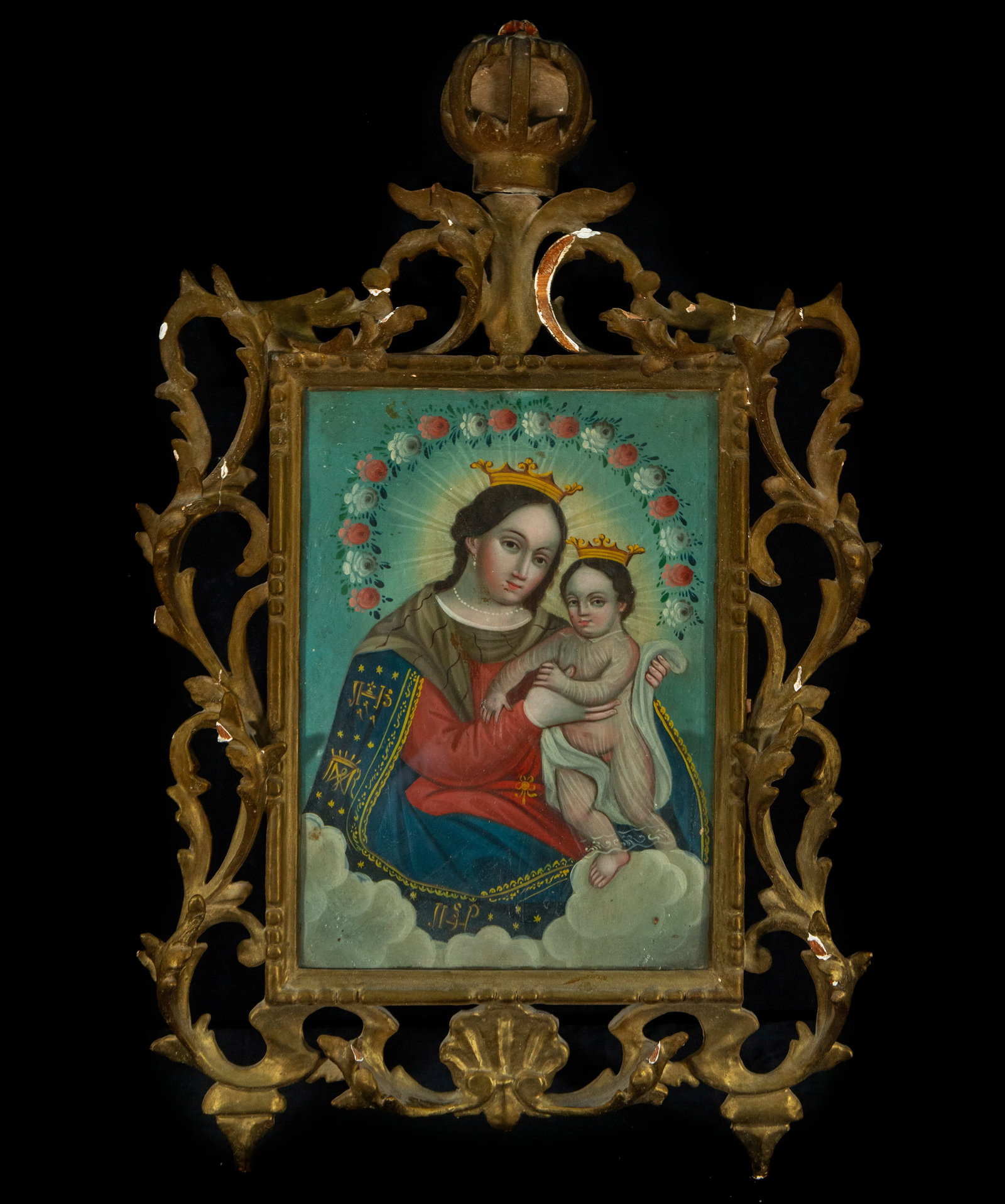 17th Century Mexican School - Virgin and Child: Dimensions: 70 × 45 cm. Oil on copper. Virgin and Child, a traditional scene in which the Virgin lovingly holds the Child in her arms, both crowned by golden halos. The soft tones and precise lines e