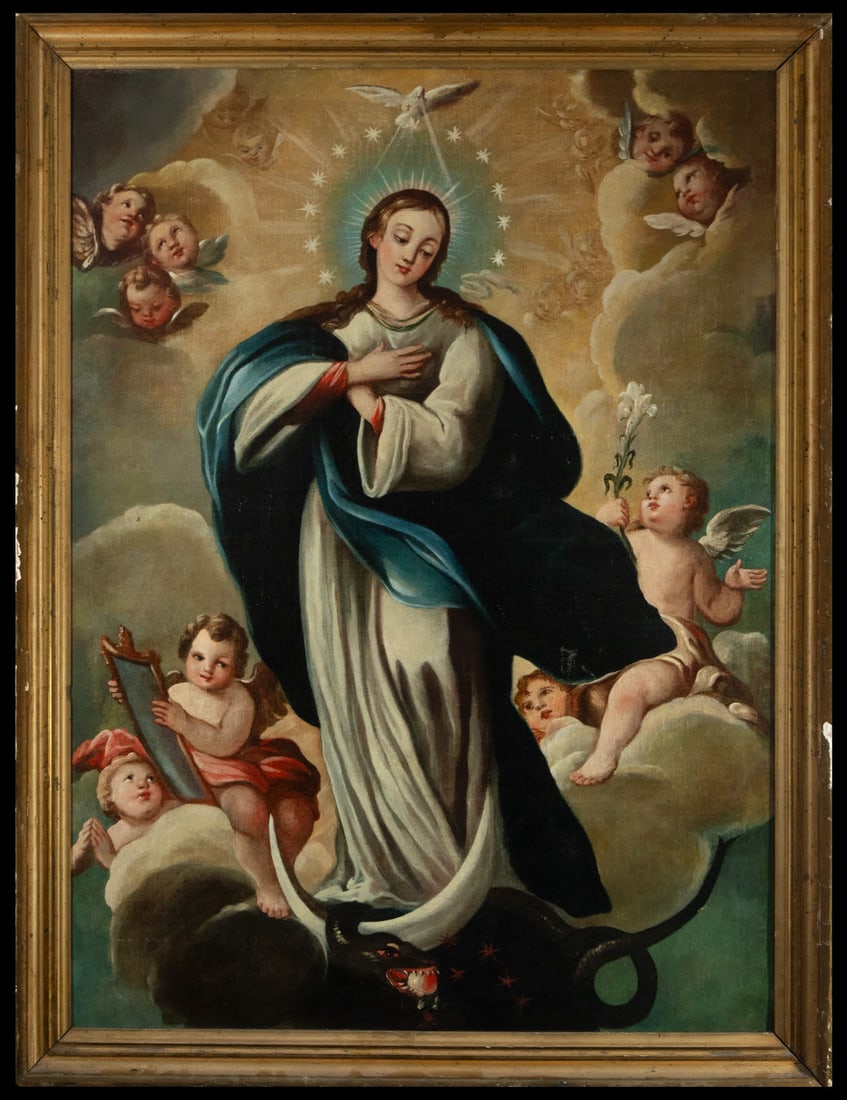 Immaculate Virgin in Colonial Glory of the 18th century: Oil on canvas, measurements: 110 x 80 cm, measurements with frame: 122 x 90 cm