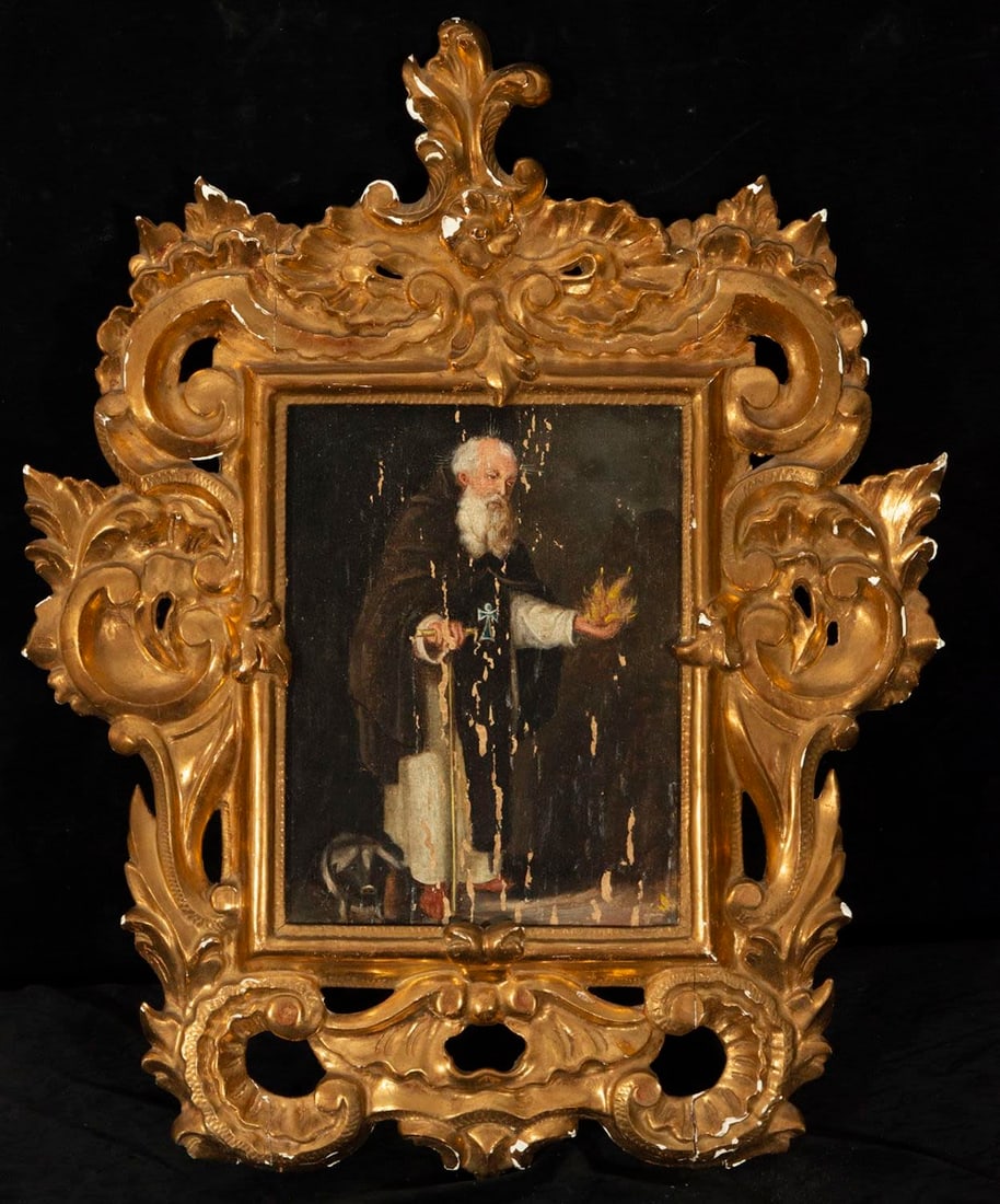 Saint Anton on panel, with period cornucopia frame, 17th century: Oil on panel, measurements: 24 x 20 cm, with frame: 50 x 20 cm