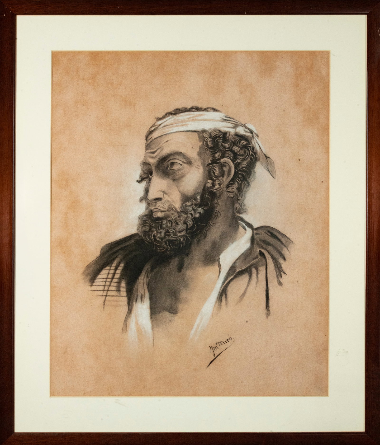 Decorative Orientalist Charcoal Figure, signed JM Miró: Framed measurement: 43 x 54 cm63 x 53 cm