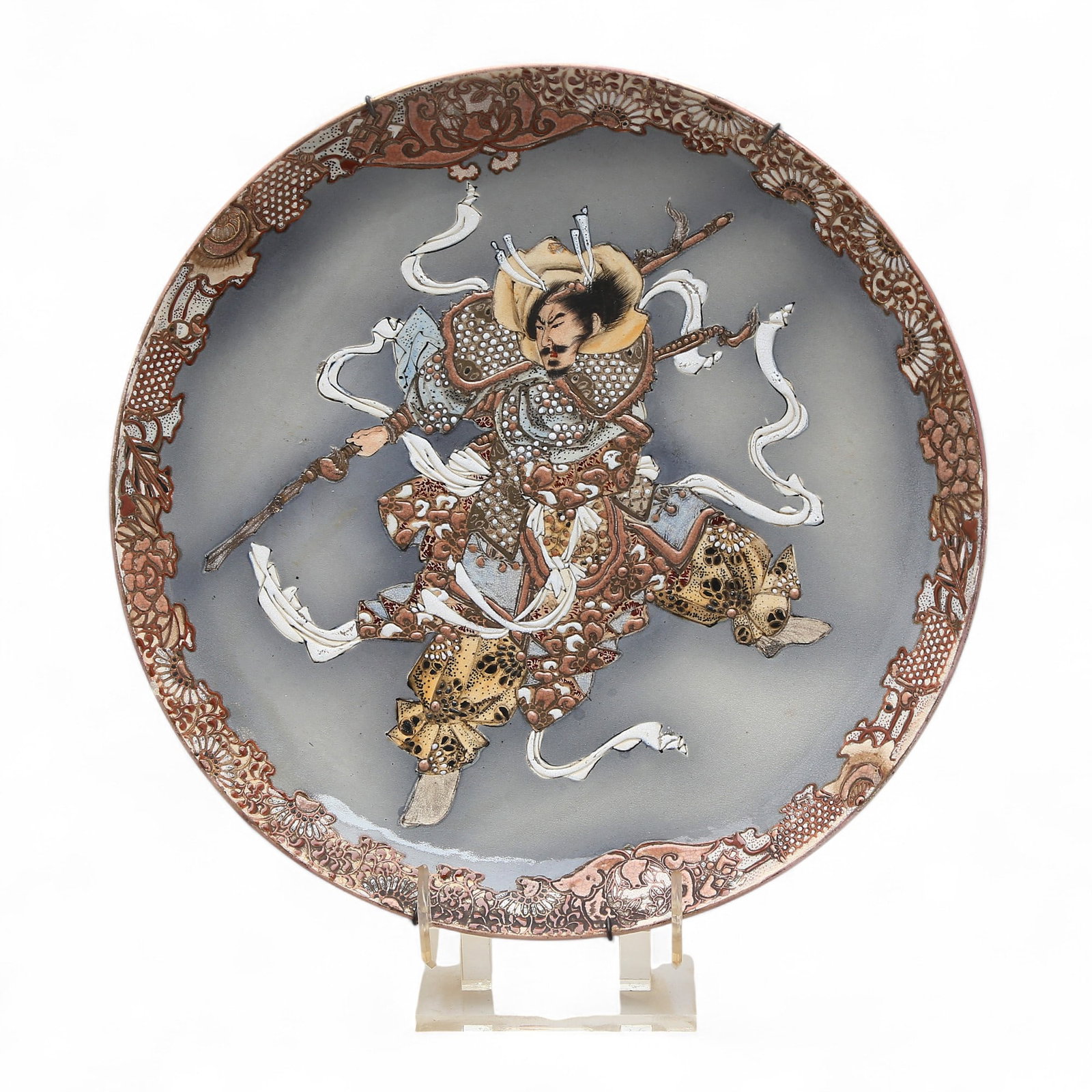 Massive Japanese late 19th C Satsuma Maiji Samurai Plate: Perfect condition, late 19th C. 40 cm diam.