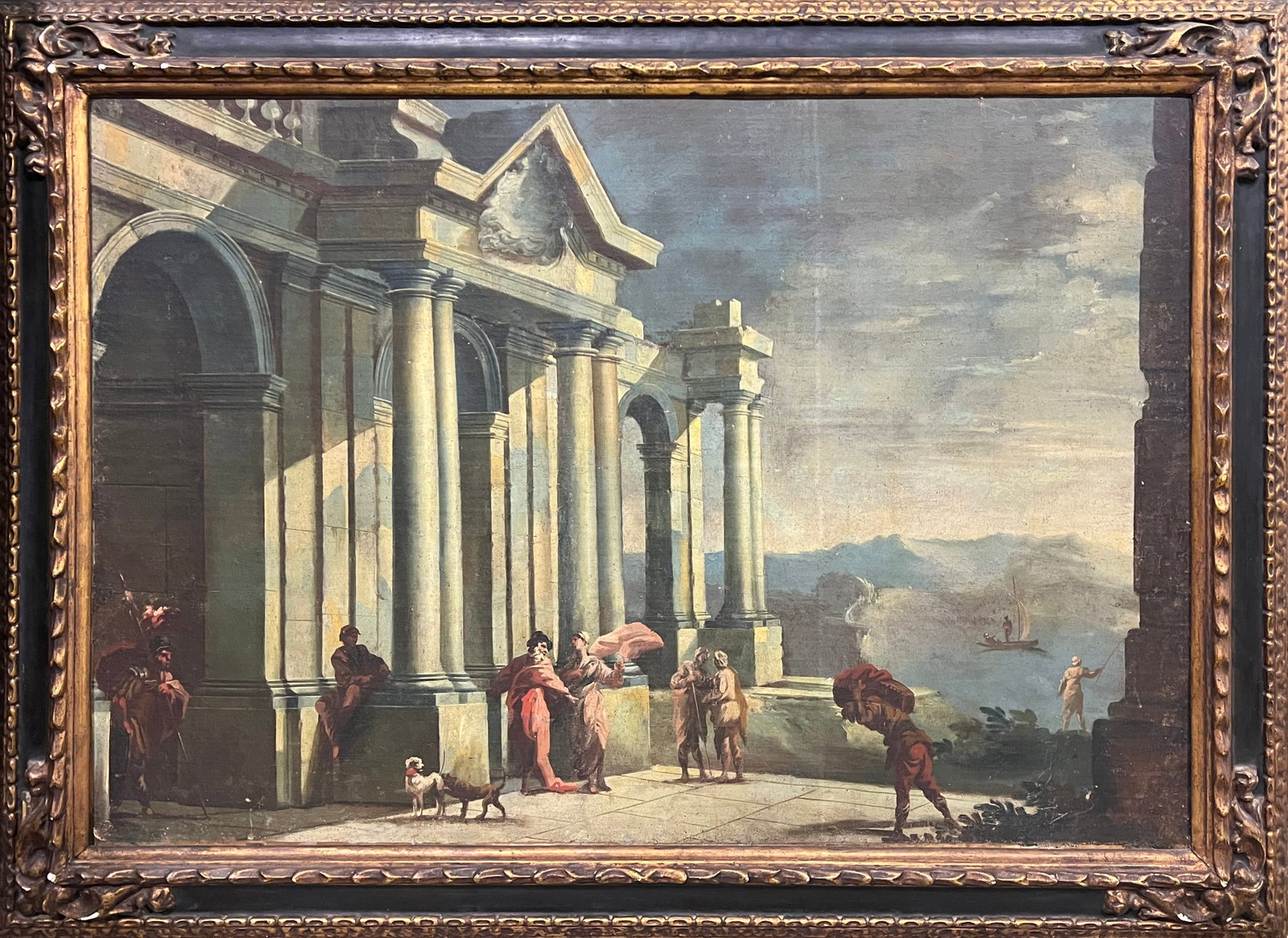 Attributed to Gennaro Greco (1663-1714) Large and Decorative 17th C Italian Capriccio with Palazzo: Italian Baroque School, late 17th century. Large decorative oil on canvas depicting the ruins of a palazzo by a lagoon. In good condition, the paint is intact and without significant overpainting. Lat