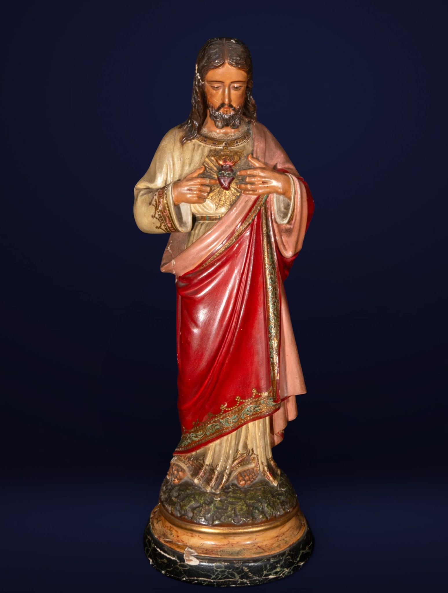 Sacred Heart of Jesus, Olot School, 19th Century: Carved and polychromed wooden sculpture. Measures 64 x 22 x 18 cm.