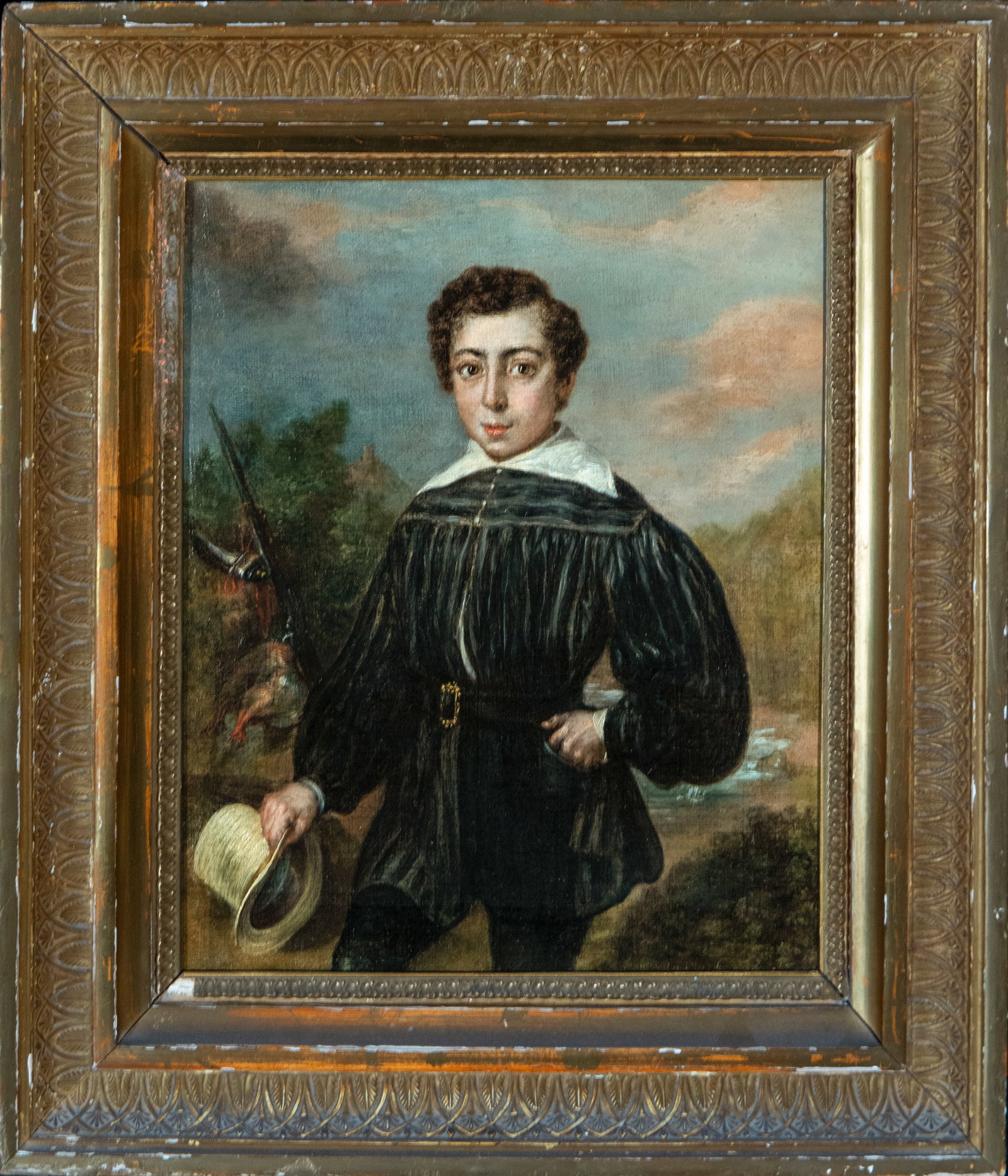 Portrait of a young man as a hunter. After Flemish models, 17th century.: Oil on canvas. Measurements 32.5 x 27 / 44.5 x 39 x 5 cm.