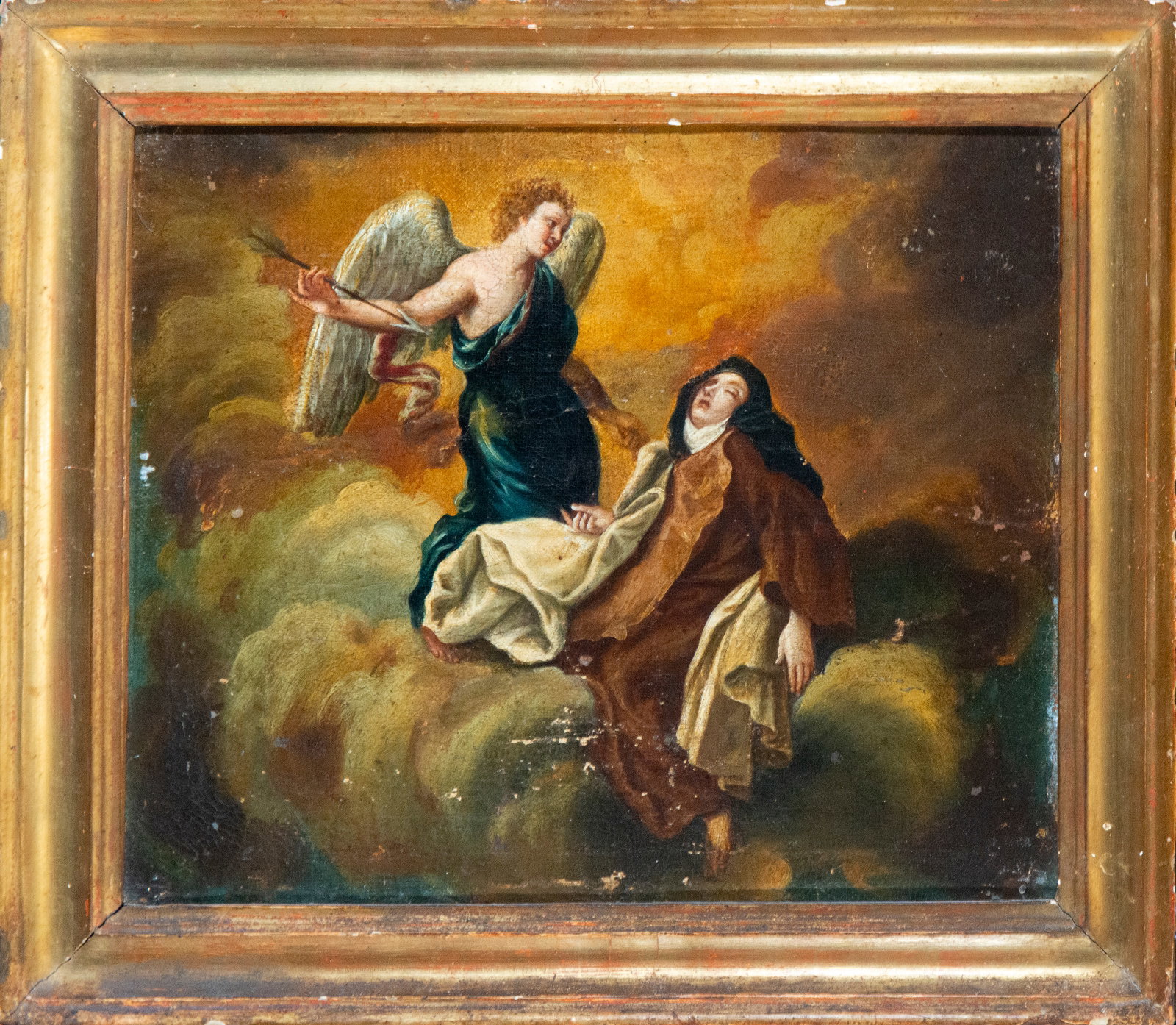 Ecstasy of Saint Teresa, Italian Roman master of the 17th century: Oil on canvas. Measurements 33 x 28 / 42 x 35 cm.