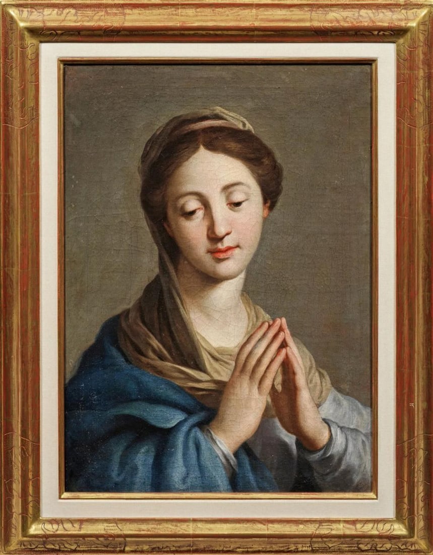 The Immaculate Virgin in Prayer. Circle of Carlo Maratta, 17th Century: Oil on canvas. Measurements 56 x 41 cm. The painting presents a delicate bust-length portrait of the Virgin Mary, shown with her body slightly turned in profile, her head gently inclined and her gaze 
