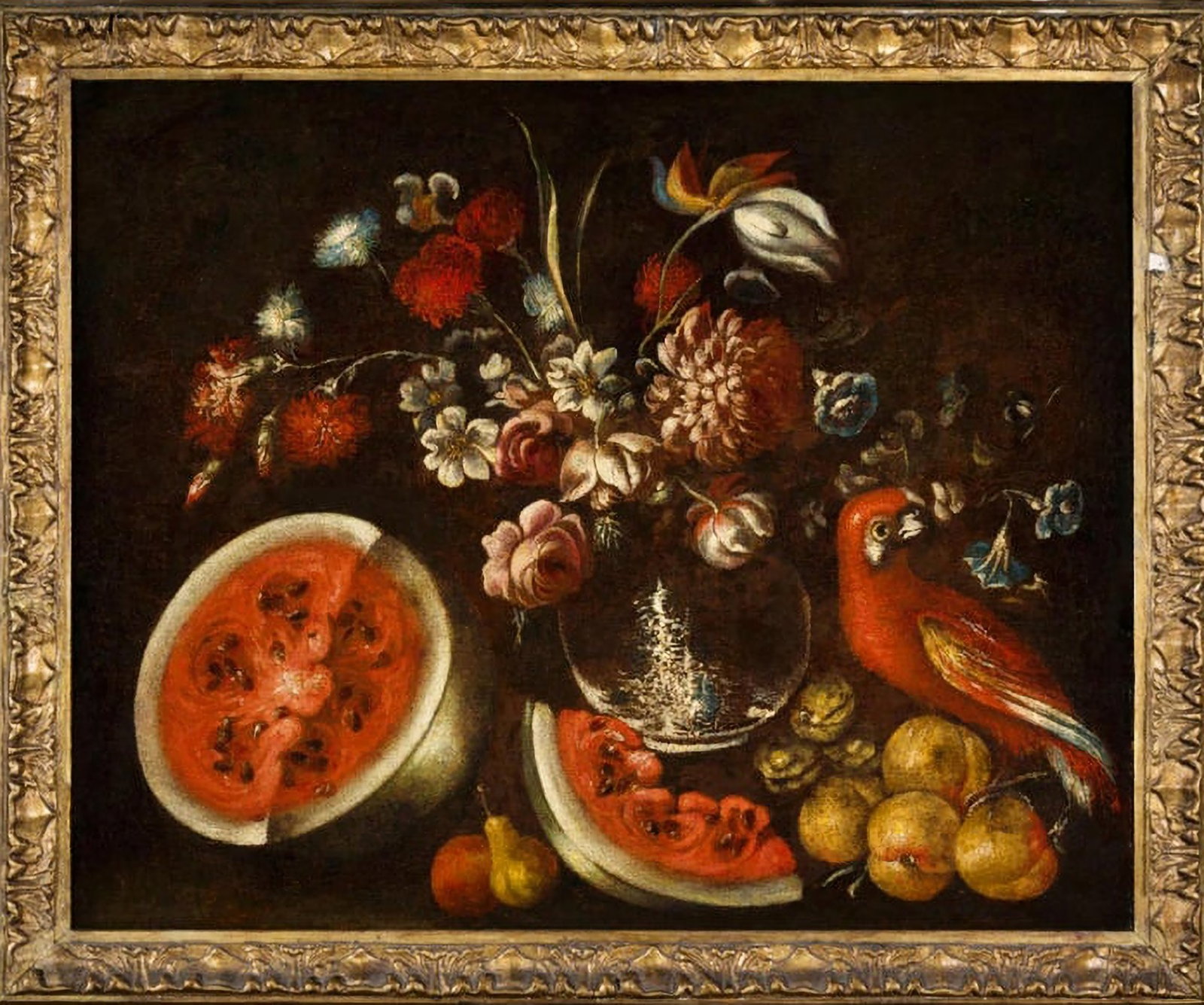 Still Life with Fruit, Flowers and Parrot, attributed to Giuseppe Pesci, Italian School, 18th: Oil on canvas. Dimensions: 73 x 59 cm. 18th-century still life attributed to Giuseppe Pesci (Parma – 1722), with a vibrant Baroque composition featuring fruit, flowers, and an exotic bird with marke