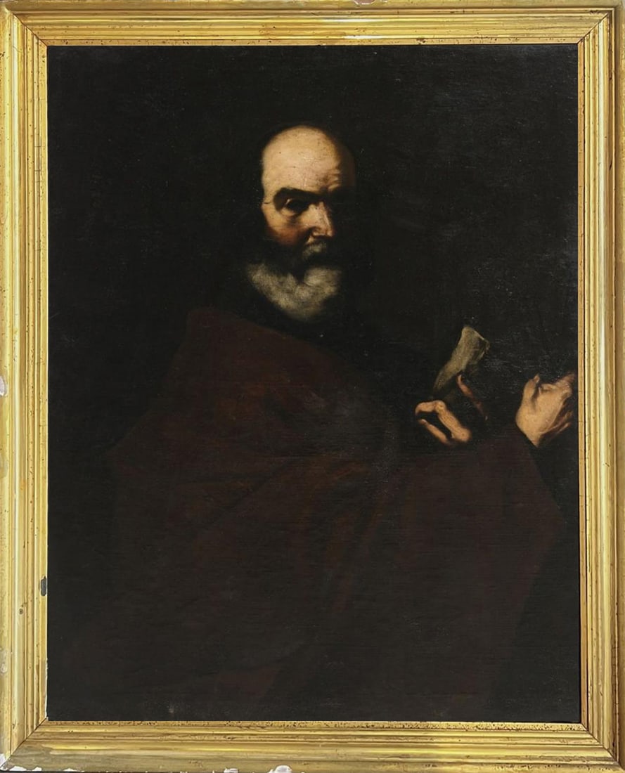 Saint Peter. Circle of Jusepe de Ribera. Spanish School. 17th Century: Oil on canvas. Dimensions: 95 x 74.5 cm. Half-length depiction of Saint Peter, holding the keys and a book, his face partially illuminated in strong chiaroscuro against a dark background. The dense br