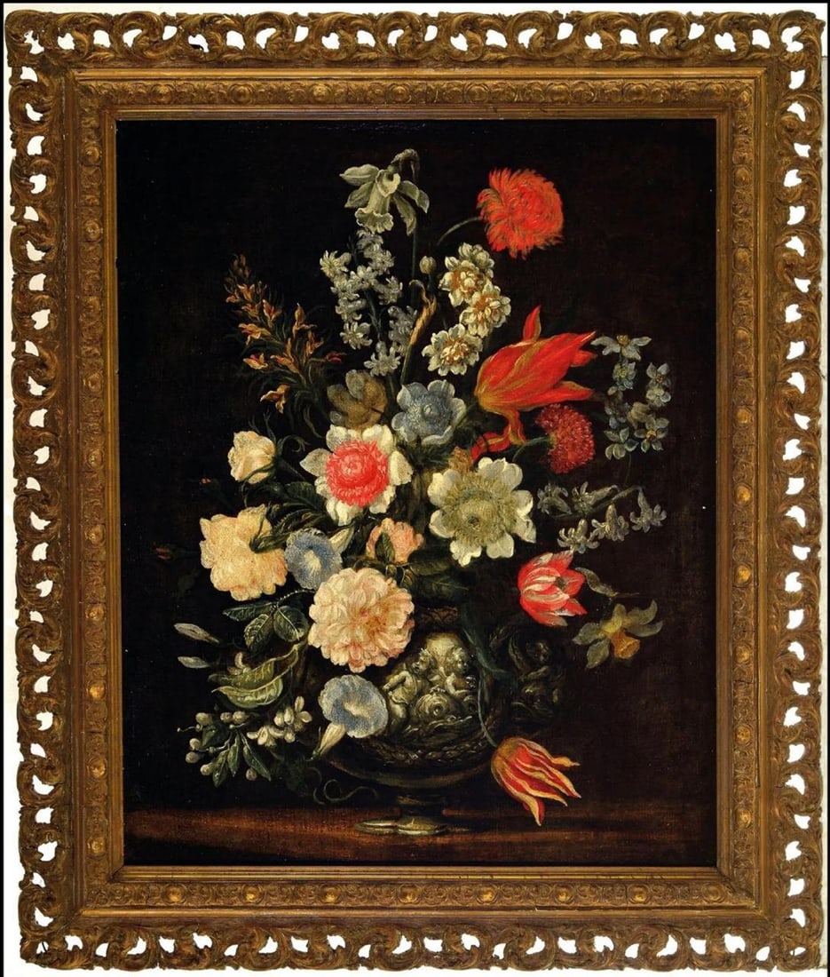 Bartolomeo Ligozzi (1630–1695). Floral Still Life in a Vase with Putti Relief. Italian School, (1 of 4)