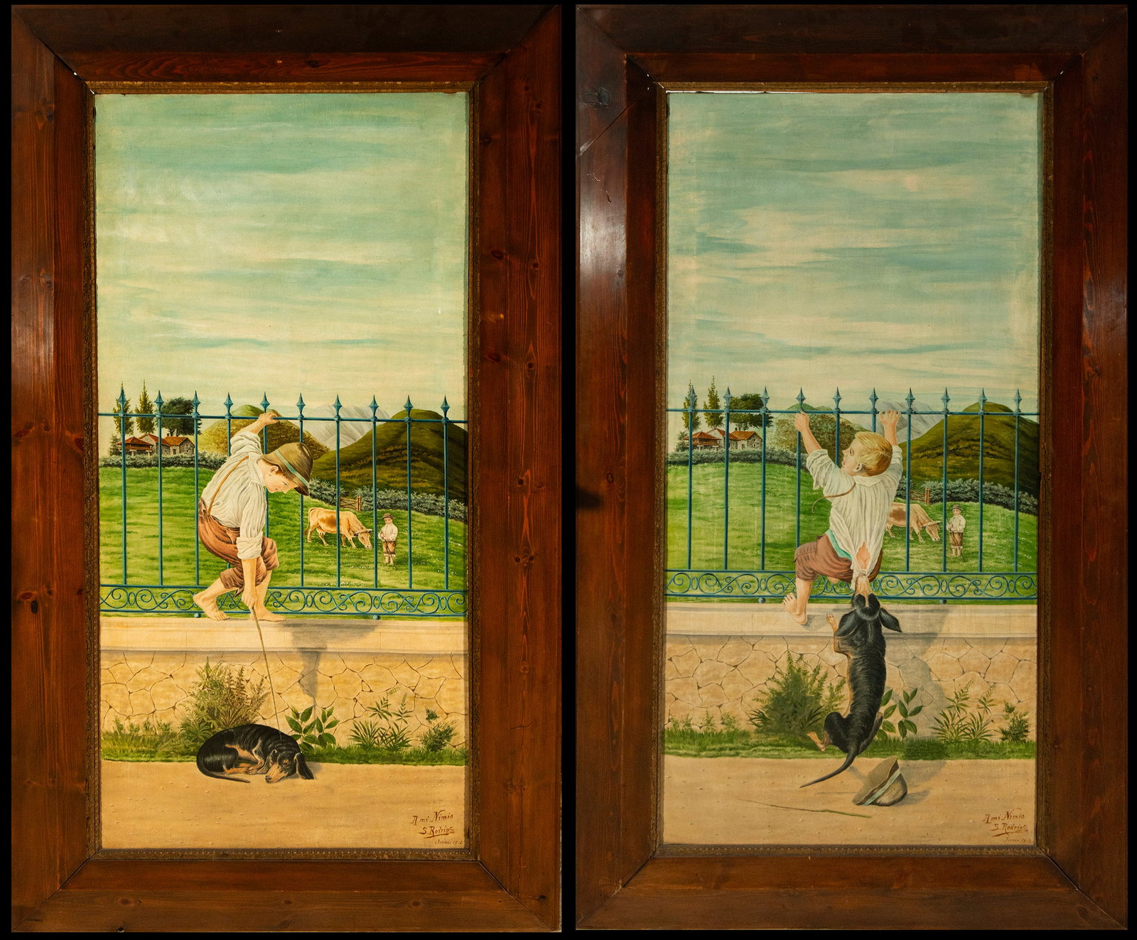 Children playing with dogs. Spanish School. 19th-20th century: Oil on canvas. A costumbrista composition divided into two complementary scenes, depicting children playing with dogs in a rural setting. The precise brushwork and luminous colors capture the liveline