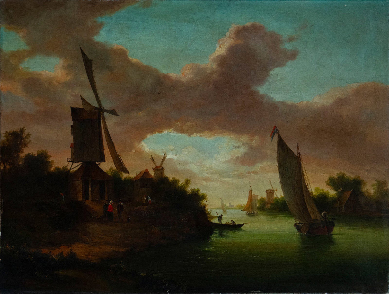 Amsterdam Canal, Dutch Master/Dutch School, 18th-19th Century: Oil on canvas. This evocative Northern European marine scene, possibly from the 19th-century Dutch school, features a lively river landscape with sailboats and folkloric figures alongside windmills. T