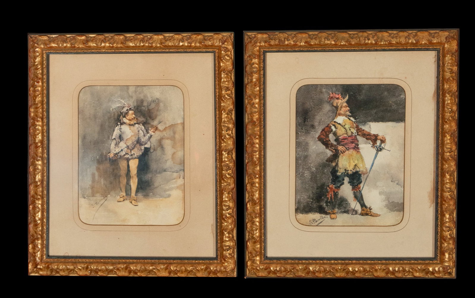 19th Century Spanish School - Pair of watercolors with swordsmen: Watercolor on paper. 45 x 38 cm. Signed "S.PARRILLA"