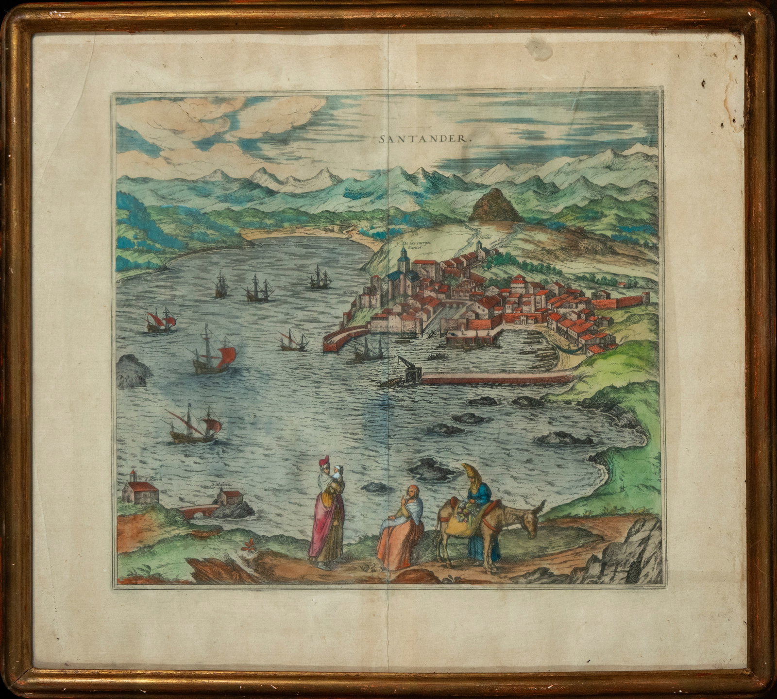 Following the models of GEORG BRAUN (1541-1622) - Santander: Painted print. Dimensions: 40 x 35 cm.