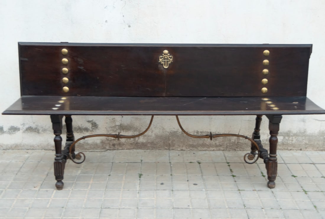 Baroque palace entrance bench with the Cross of Santiago and bronze and oak wood rivets from the (1 of 2)