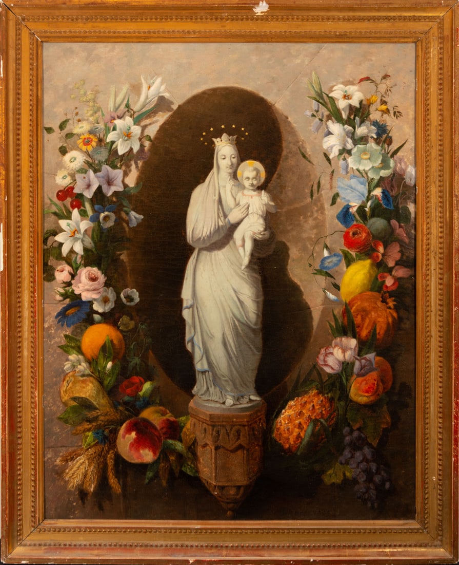 Virgin and Child with a Flower Border, French Romantic school of the 19th century: Oil on canvas, with Virgin and Child in a style markedly influenced by French Neo-Gothic and surrounded by a beautiful border of flowers and fruits, such as pineapple, orange and peach, framed dimensi