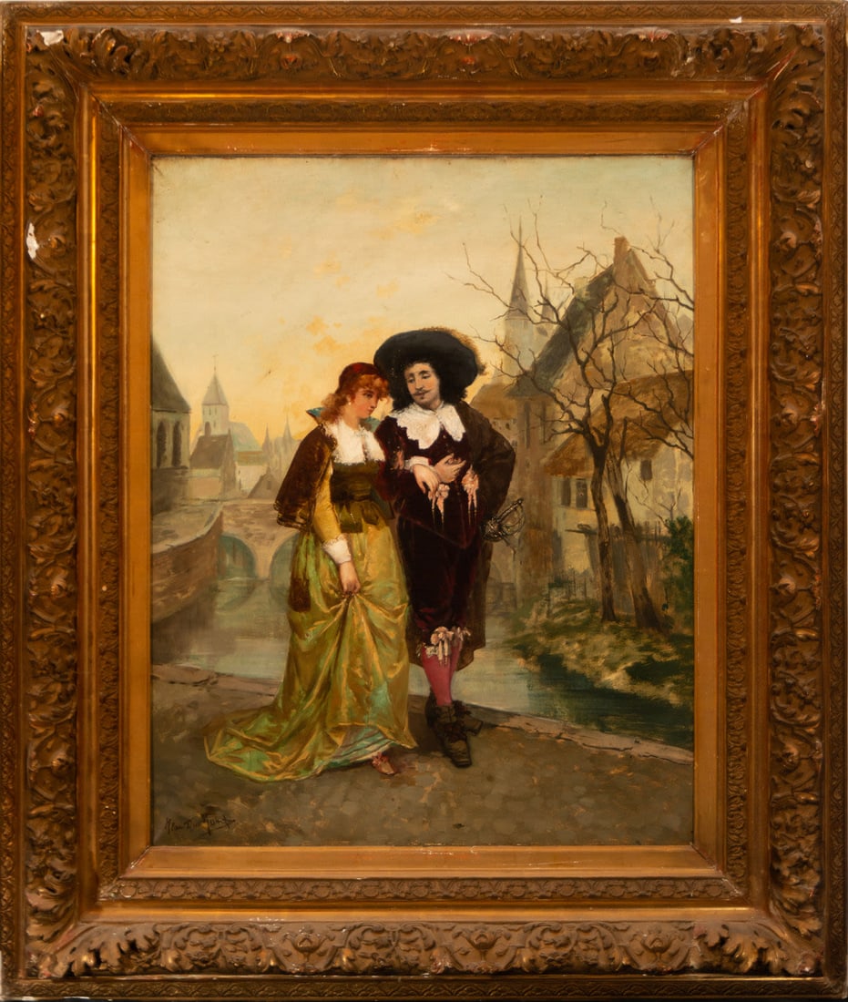 Gallant Couple representing Louis XIII and his consort, French Romantic school of the 19th century,: With an important frame from the Charles X period in wood and gilt stucco. Oil on canvas, framed dimensions: 115 x 98 cm, canvas dimensions: 81 x 65 cm