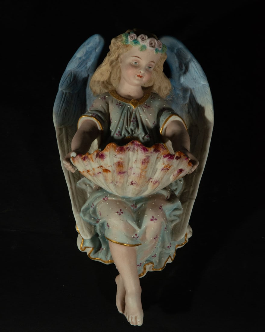German porcelain holy water font with angel of visitation, 19th - 20th century: Measurements: 33 x 18 x 17 cm