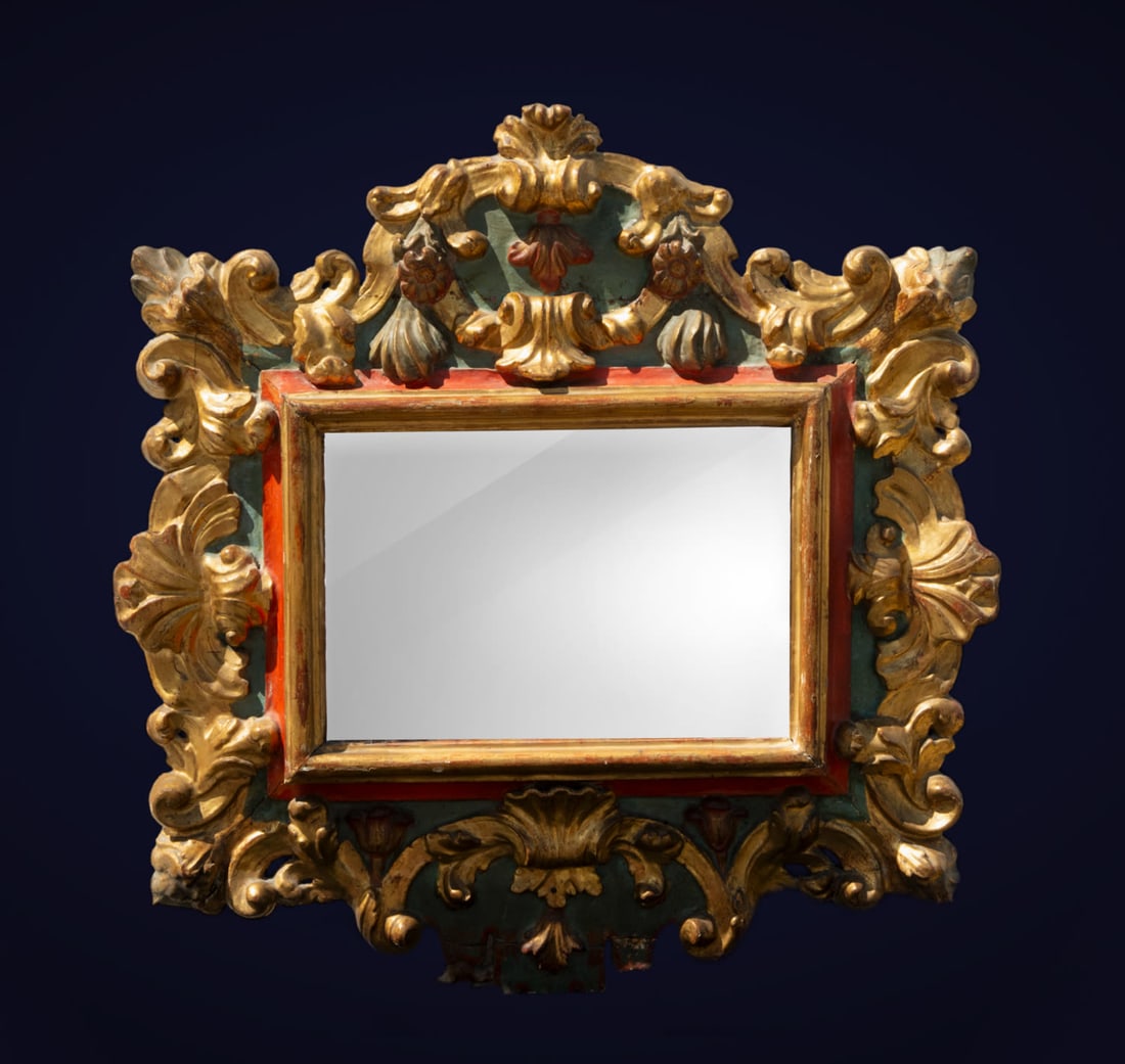 Mirror in 18th Century Baroque Cornucopia: Light measurements: 43 x 30 cm, measurements 73 x 79 cm