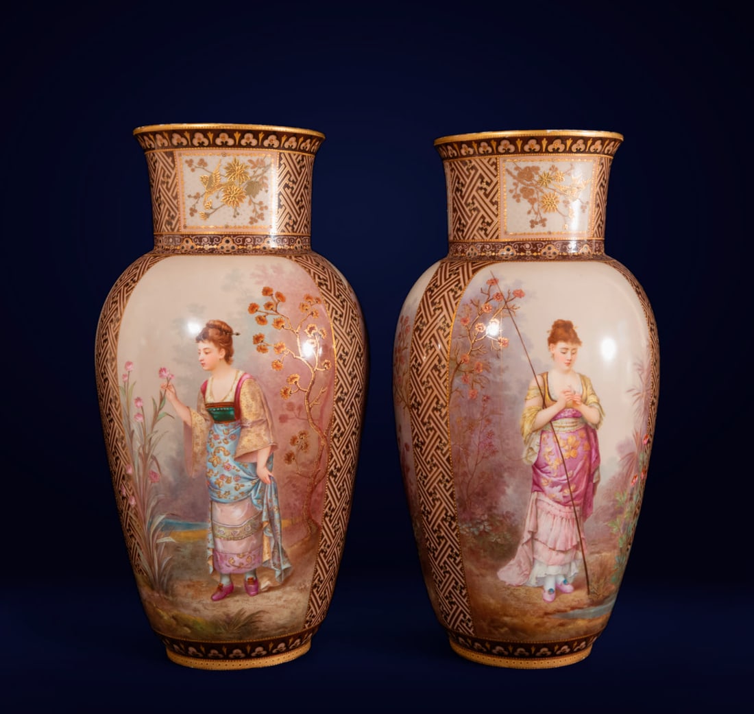 Pair of Important Japanese Vases for Export to the Philippine Market, Meiji Period, Japan, 19th: Perfect condition, both with hand-enamelled Filipino Ladies in the center of each vase. Finely and richly adorned in traditional Filipino attire. Each vase measures 41 x 20 x 20 cm. Provenance: Former