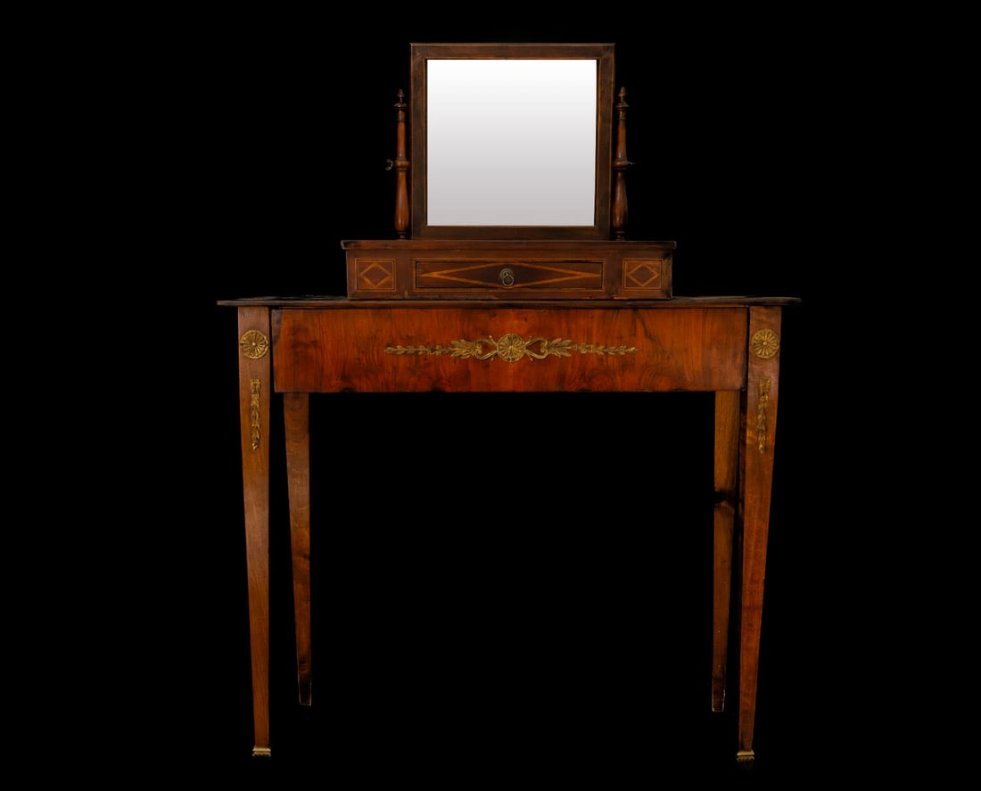 Elegant Charles IV bedroom vanity table with mirror in mahogany palm, late 18th century: Measurements: 120 x 80 x 32 cm