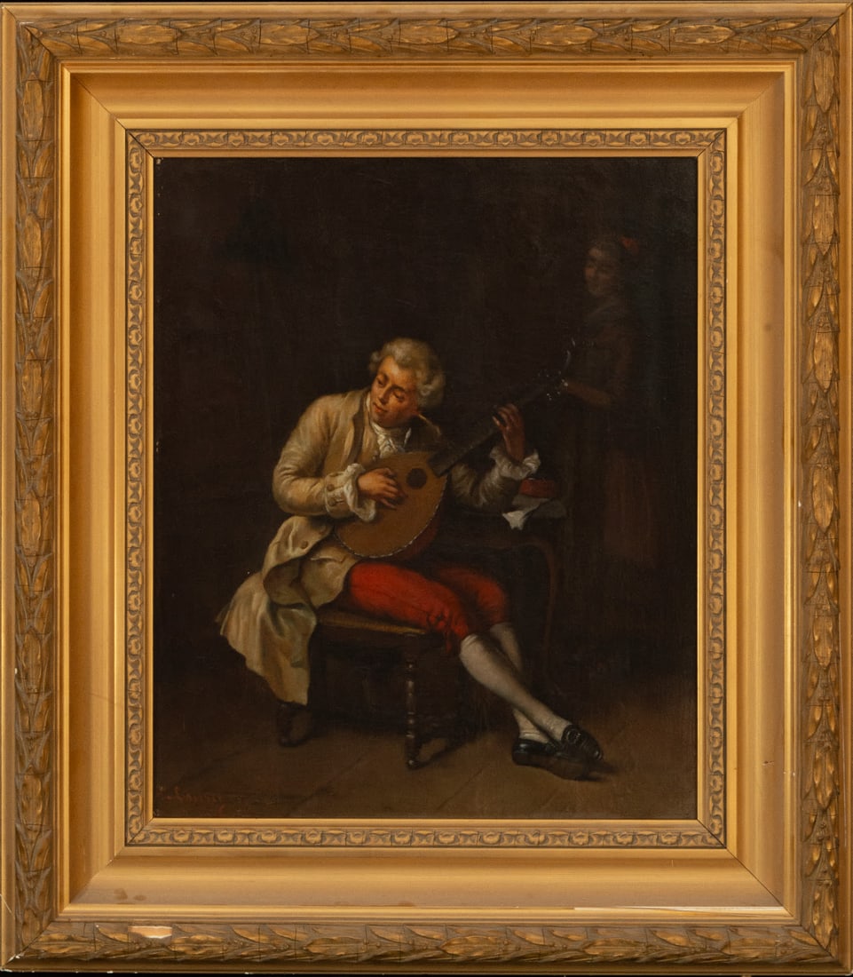 The Troubadour, signed Lazarus, 19th century Belgian school: Oil on canvas, canvas dimensions: 46 x 38 cm, frame dimensions: 76 x 58 cm