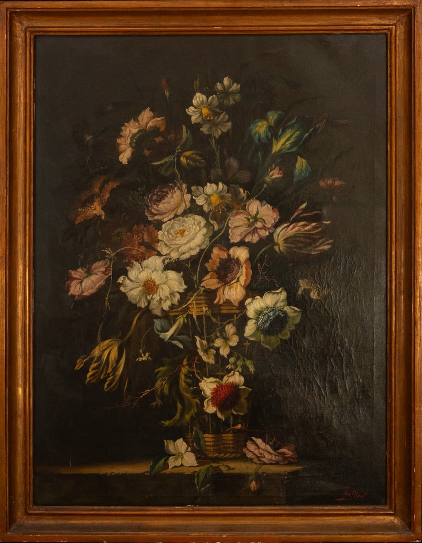 Still Life of Flowers on canvas, Belgian or French school, signed J. Rimont, 19th century (1 of 4)