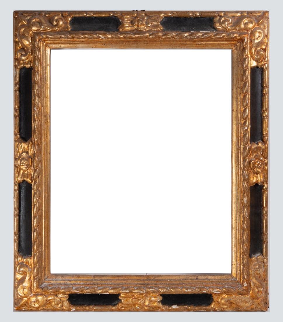 Antique Spanish Baroque frame in gilded, ebonized, and bound wood, 18th century: Exterior measurements: 79 x 67 cm, light measurements: 63.5 x 49.5 cm