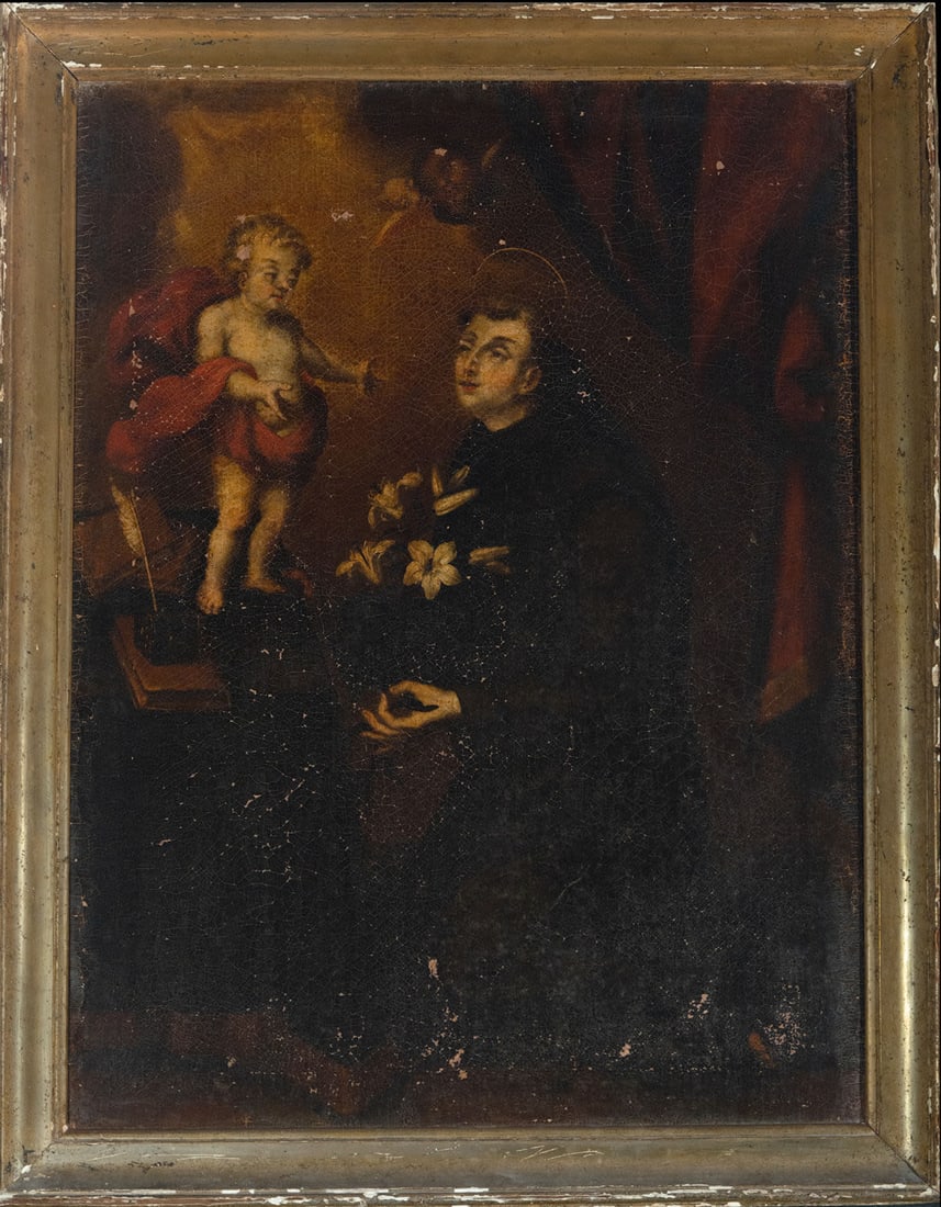 Santo Domingo next to the Child Jesus, 18th century New Spain colonial school: Canvas measurements: 95 x 82, framed measurements: 107 x 85 cm