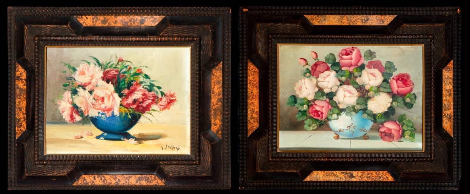 Pair of signed floral still lifes, European school, early 20th century: Oil on hardboard. Dimensions: 40 x 29 cm; 52 x 51 cm. A pair of floral compositions with bouquets of roses and peonies arranged in vases on a light surface, executed with loose brushstrokes and a fres