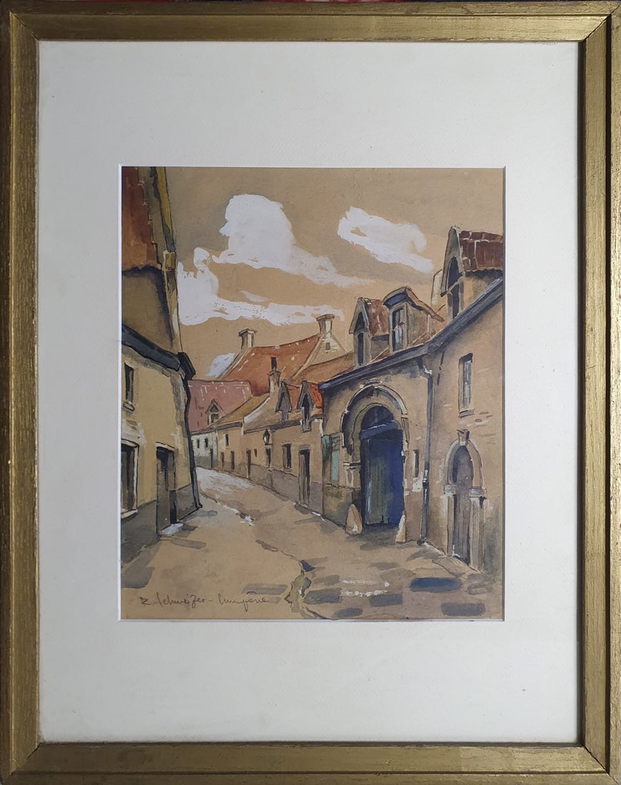 Medieval Street, watercolor on paper, signed R. Schewitzer: Measurements: 46.5 x 37cm, framed