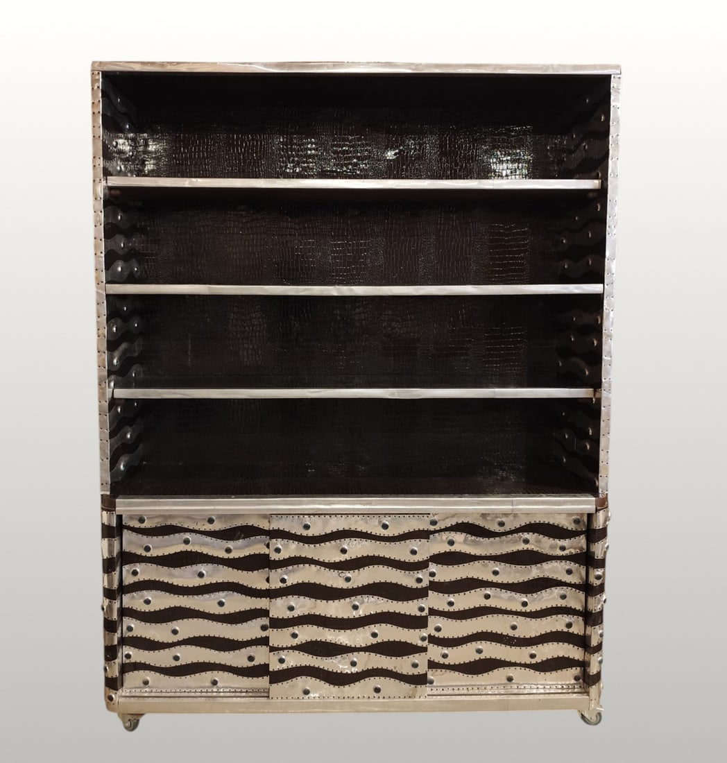 Large Space Age 1960s display cabinet in leather, aluminum and glass (1 of 5)