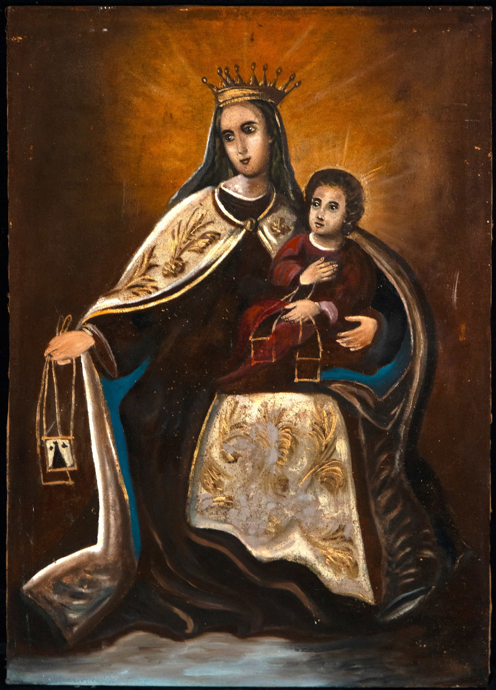 Our Lady of Mount Carmel with Child, Hispano-American School, 19th Century: Oil on canvas. Dimensions 47 x 37 cm. Devotional image of Our Lady of Mount Carmel, crowned, carrying the Child in her arms and displaying the scapular, an essential attribute of her title. The compos