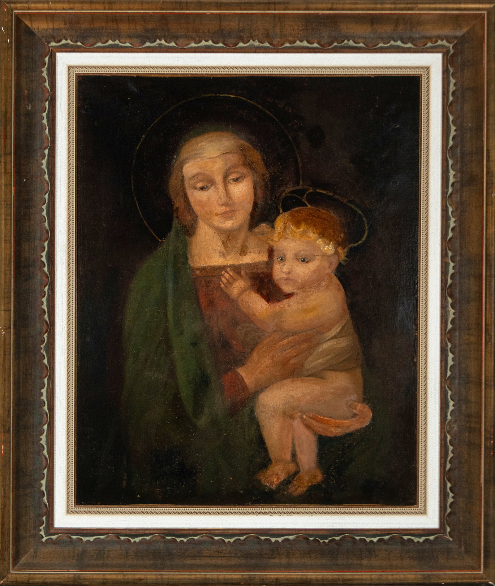Virgin and Child, Popular School, 19th Century: Oil on canvas. Dimensions 73 x 57 cm. Half-length portrait of the Virgin Mary holding the Child with a gentle maternal inclination, highlighting the halos, the dark background, and the delicate touch 