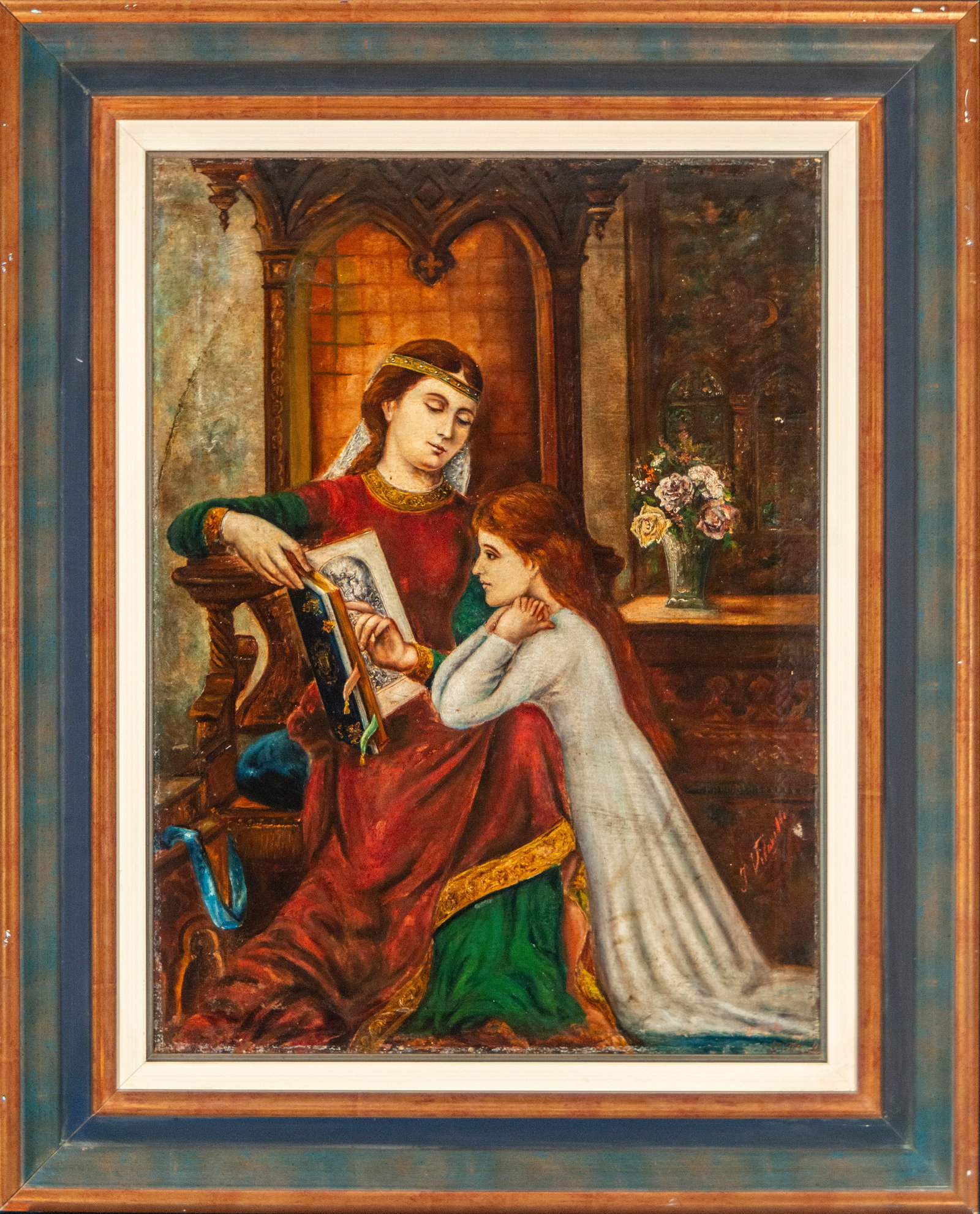 Saint Anne teaching the Virgin Mary to read, Signed, Historicist School, 19th Century (1 of 8)