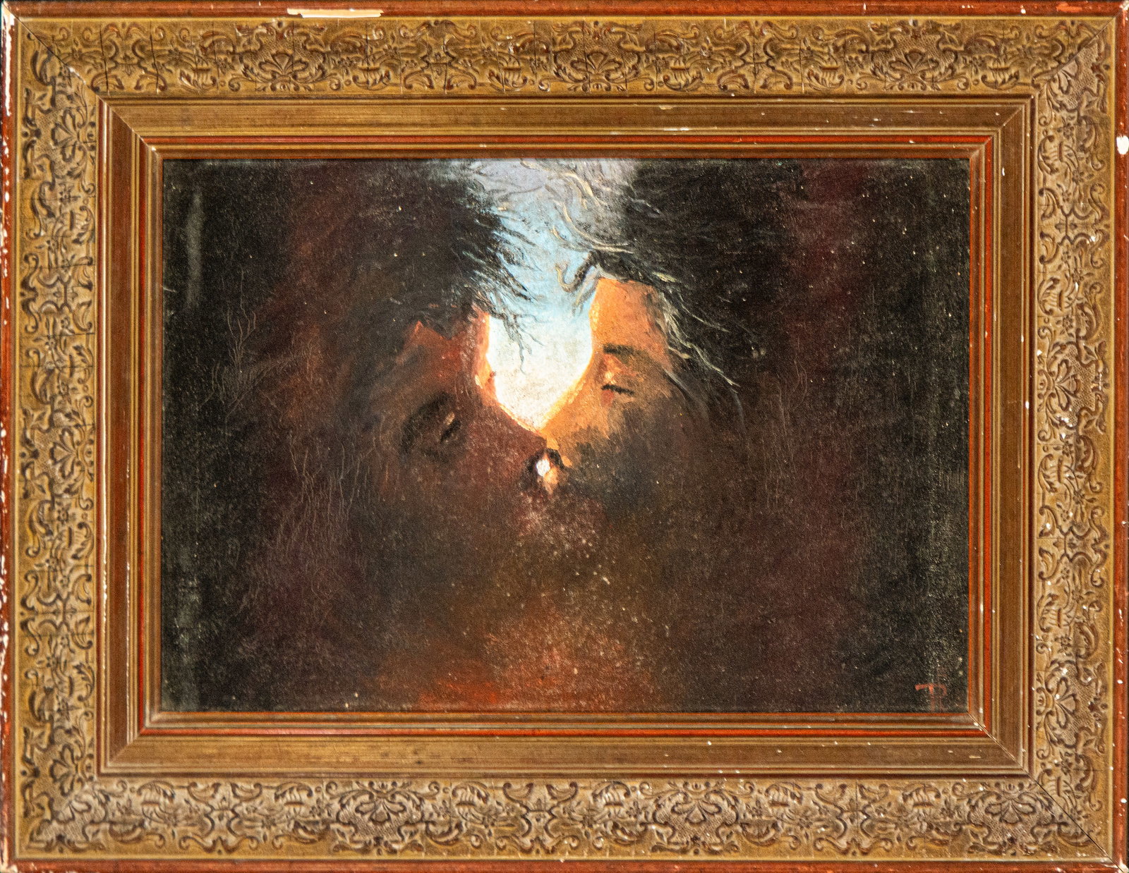 “Kiss??, Signed and dated 82, Contemporary School, 20th Century: Oil on canvas. Dimensions 54 x 37 / 73 x 37 cm. An intimate and emotionally charged composition centered on the encounter of two faces almost fused in the shadows, silhouetted by a spotlight that inte