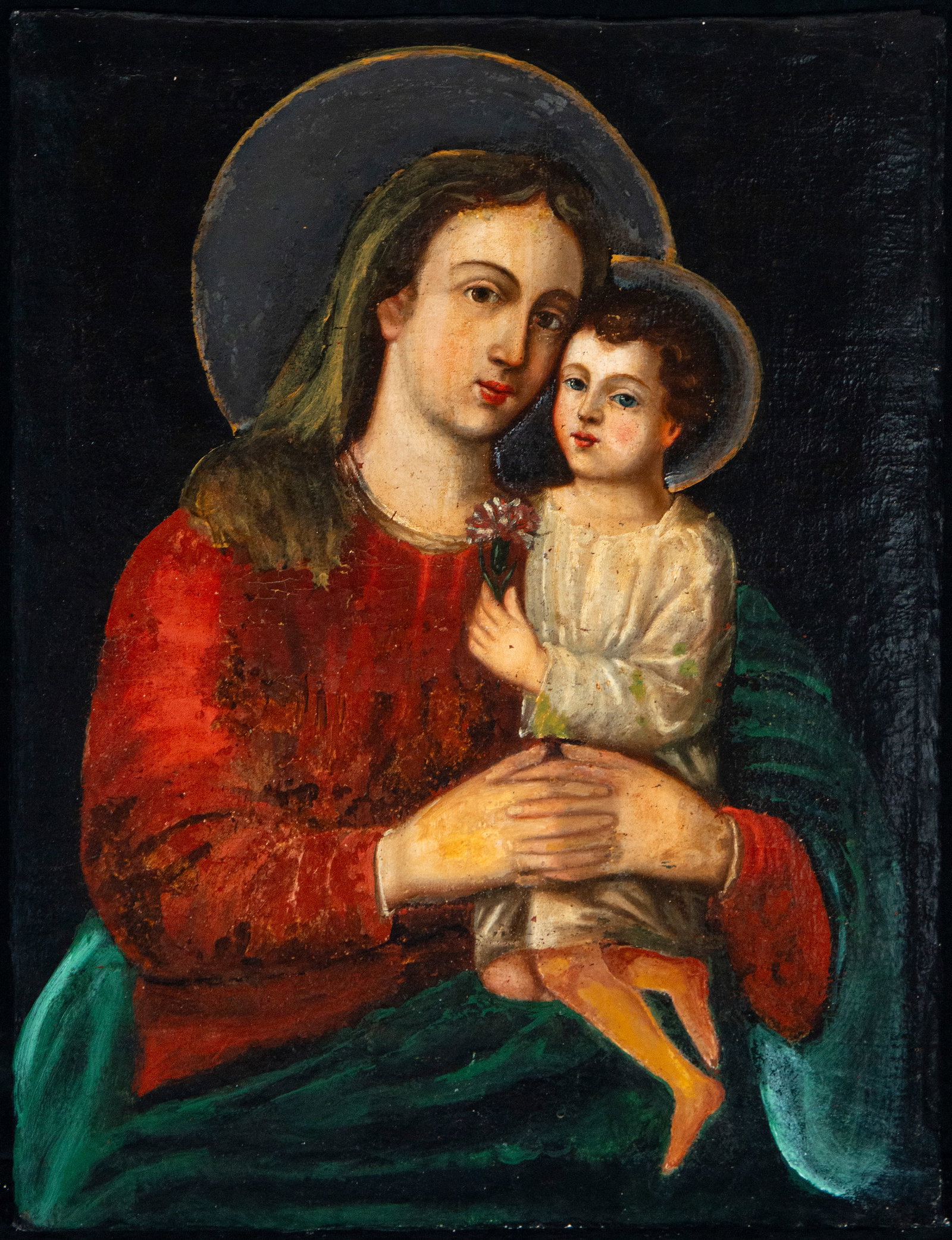 Virgin and Child, Folk School, 19th Century: Oil on canvas. Dimensions 69 x 58 cm. Half-length portrait of the Virgin Mary holding the Christ Child, both with halos and united by a gesture of intimate closeness accentuated by the flower the Chil