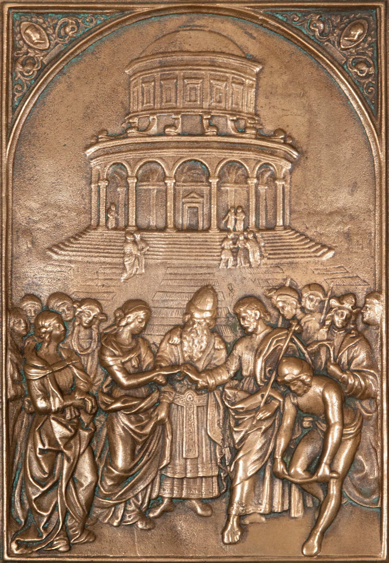 Neo-Romanesque plaque with biblical scene, 19th century: Bronze relief. Measures 20 x 15 cm.