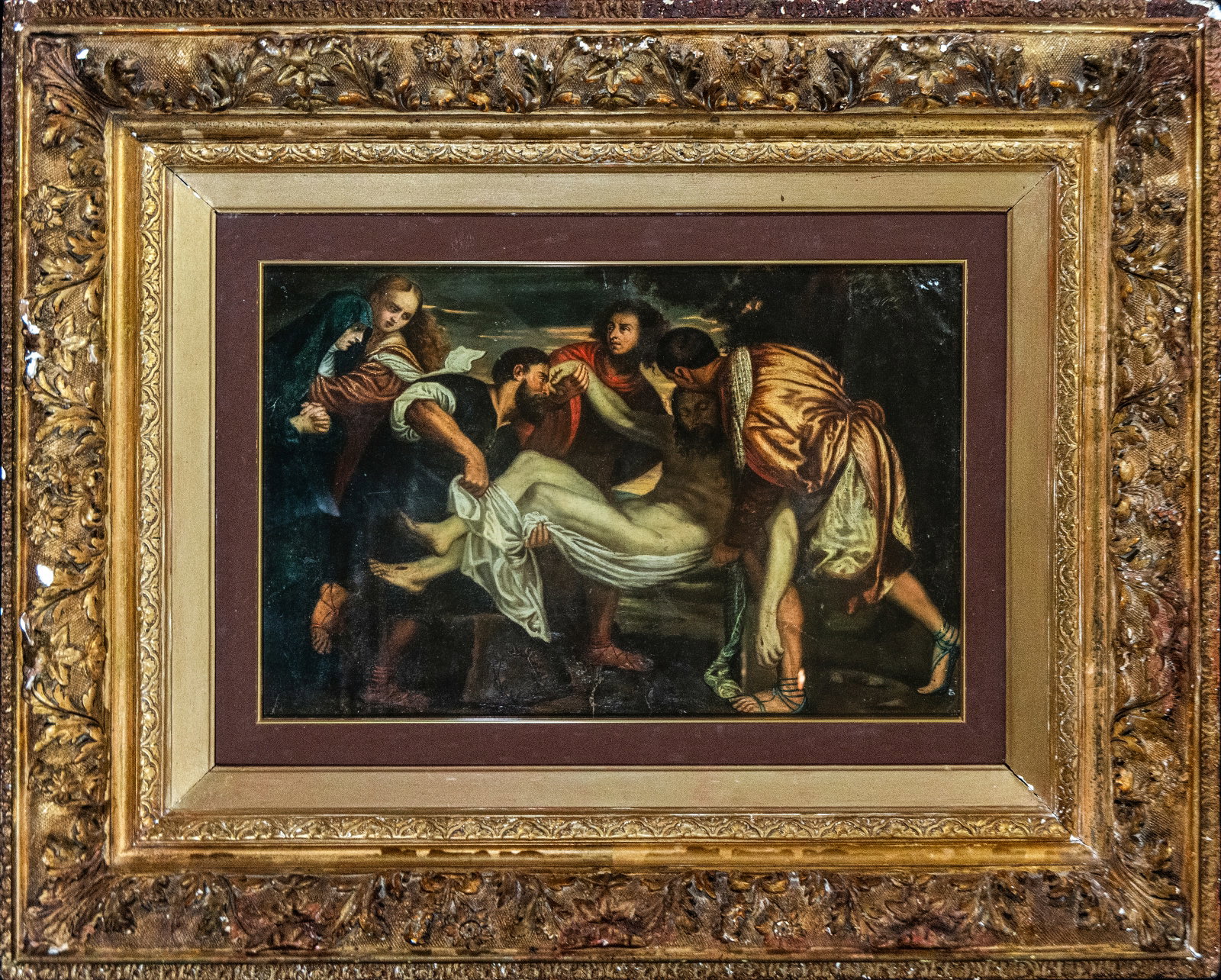 Descent from the Cross, European school, 18th century: Oil on canvas-mounted paper. Dimensions 53 x 34 / 92 x 76 cm. Scene of the Descent from the Cross with the dead Christ supported by several figures who tilt and raise his body with intense drama, whil