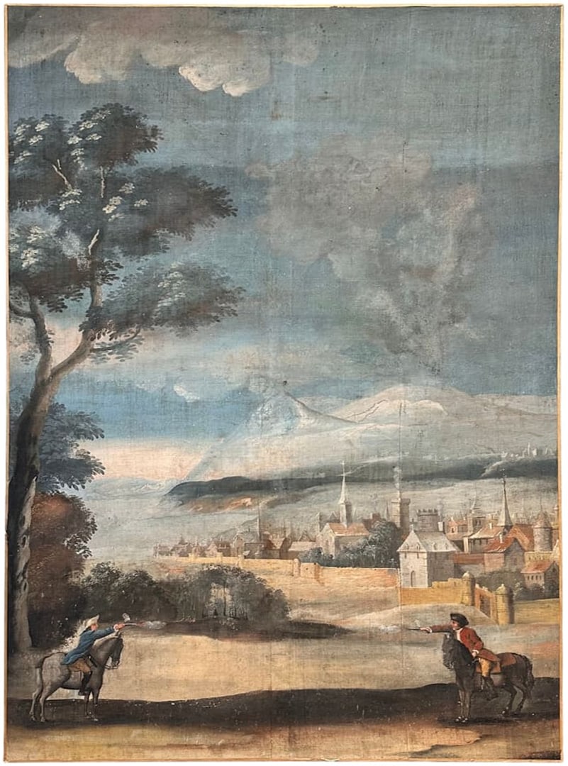 WATERCOLOR PAINTING ON LINEN “DUEL OF KNIGHTS??, FRENCH SCHOOL, 18TH CENTURY – FRANCE (1 of 2)