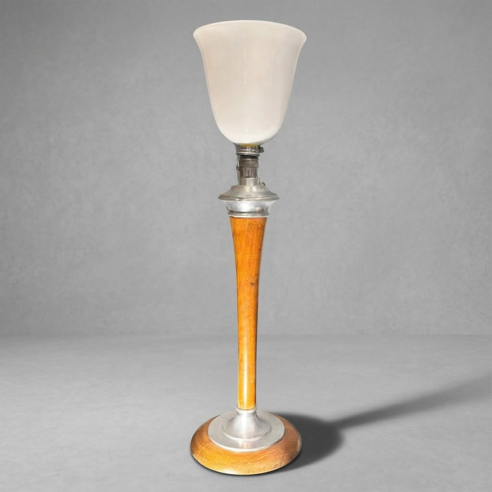 TABLE LAMP, WOOD AND OPAL GLASS, MAZDA, ART DECO, 20'S – FRANCE (1 of 2)