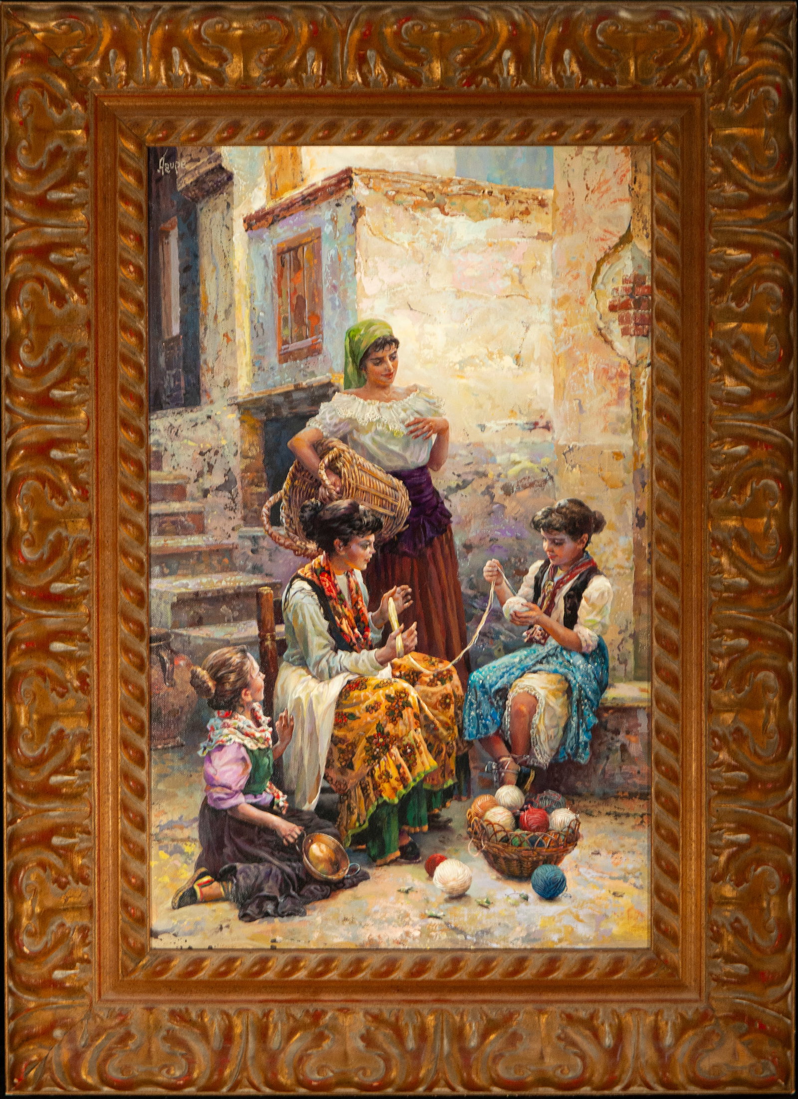 Women Sewing. Signed: Agustín Pedro Acciaga. Spanish School. 20th Century: Oil on canvas. Dimensions: 62 x 41 cm (unframed); 82 x 59 cm (framed). The scene takes place in a Mediterranean urban setting, where four women and a girl, dressed in richly decorated regional costume